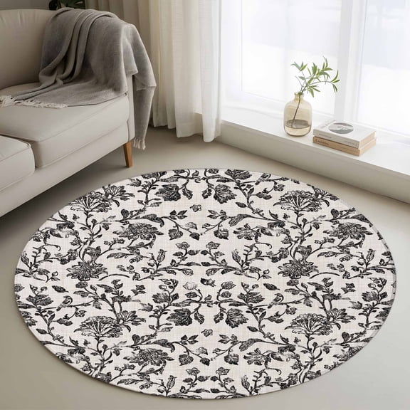 Farmhouse Black Round Area Rug 4 FT, Non Slip Indoor Outdoor Rug, Vintage Flower Leaf Botanical Plant Washable Soft Circular Carpet Non-Shedding Floor Mat for Coffee Table Nursery Foyer Balcony