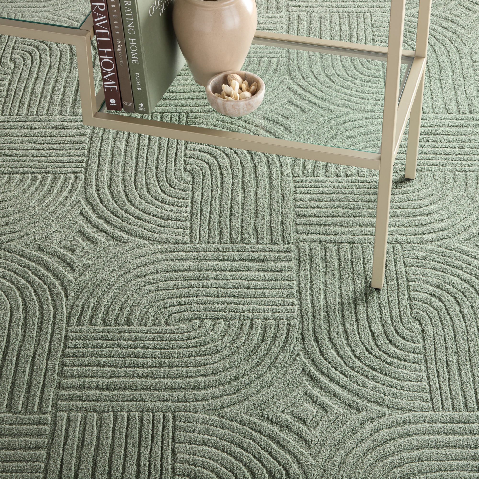 TOWN & COUNTRY EVERYDAY Stone Geo Curve Soft Felt Everwash®, Machine Washable Area Rug with Non-Slip Backing, Geometric Rug, Sage Green, 4'11"x6'10"