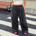 thumbnail image 4 of Large Size Work Pants Size Distressed Drawstring High Waist Loose Wide Leg Jeans Multiple Pockets, 4 of 6