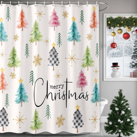 Colorful Christmas Tree Shower Curtains for Bathroom, Winter Snowflakes Merry Christmas Waterproof Fabric Shower Curtain for Bathroom Bathtub Decoration, Machine Washable, 36"x72"