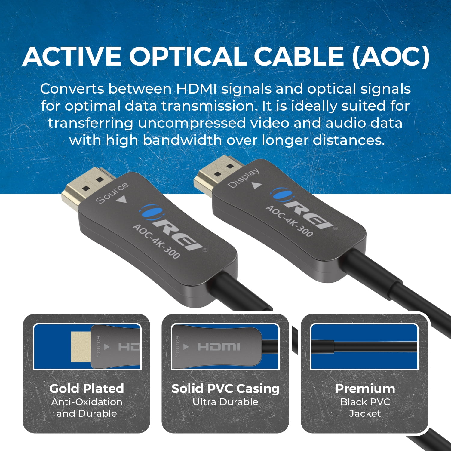 OREI 300ft Fiber Optic HDMI 2.0 Cable 4K 60Hz HDR High Speed (AOC-4K-300)