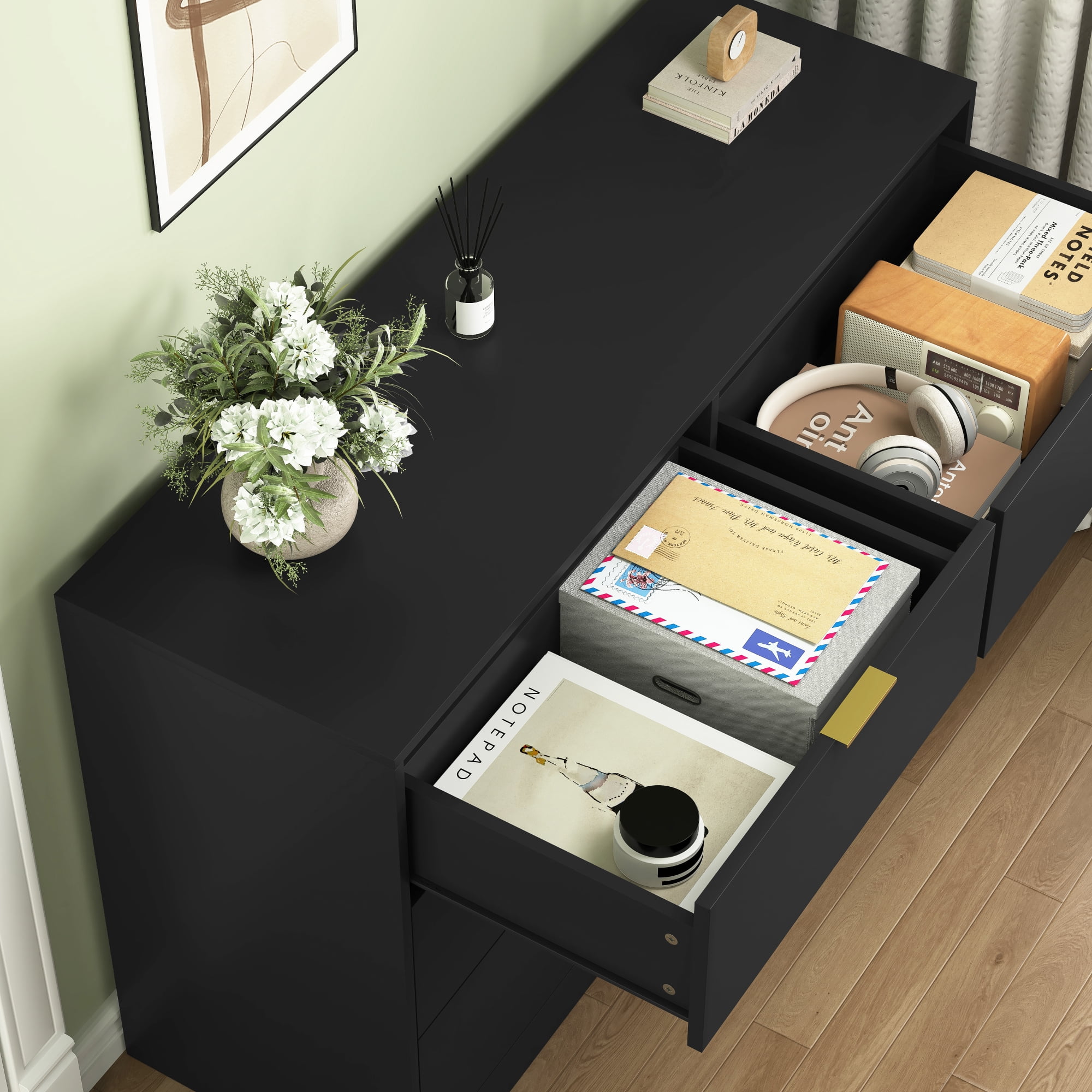 Modern 6 Drawer Dresser,Wood Chest of Drawers,Wide Storage Cabinet for Bedroom,Living Room,Hallway,Black