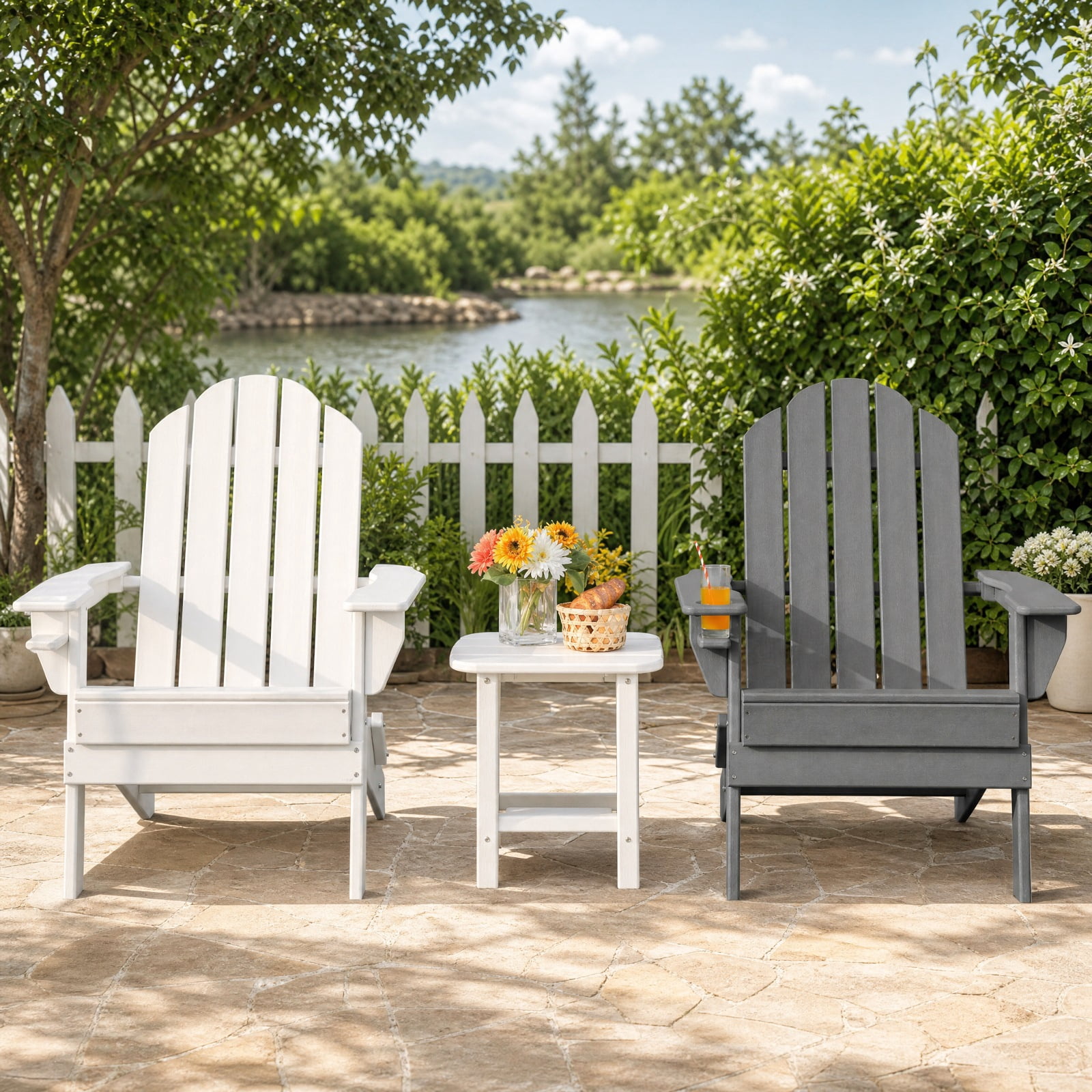 Furnibear Foldable Weather Resistant Adirondack Chair with Built-In Cup Holder Wide Armrests and Ergonomic Seat for Patio Deck and Garden, Gray