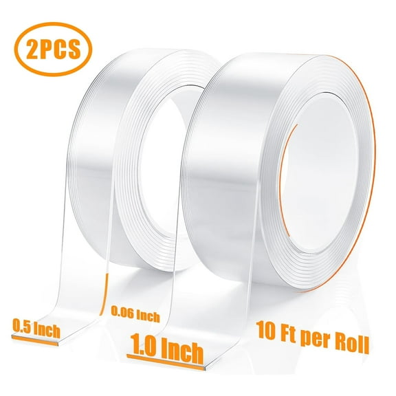 Extra Strong Double Sided Tape Heavy Duty (2 Rolls, Total 20 FT), Clear Removable Two Sided Nano Tape Adhesive, Double Stick Mounting Tape for Poster, Rug, Picture Hanging Strips, Office & Outdoor