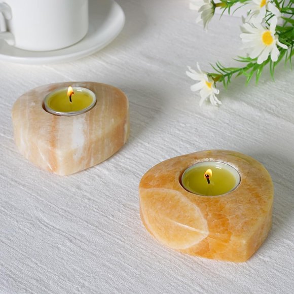 Koville Tealight Candle Holder, 2 Pack Heart Shaped Candle Holder, Natural Onyx Tealight Holder, Decorative Votice Candle Holders for Wedding Anniversary Party, Unique Gift Choice (Orange)