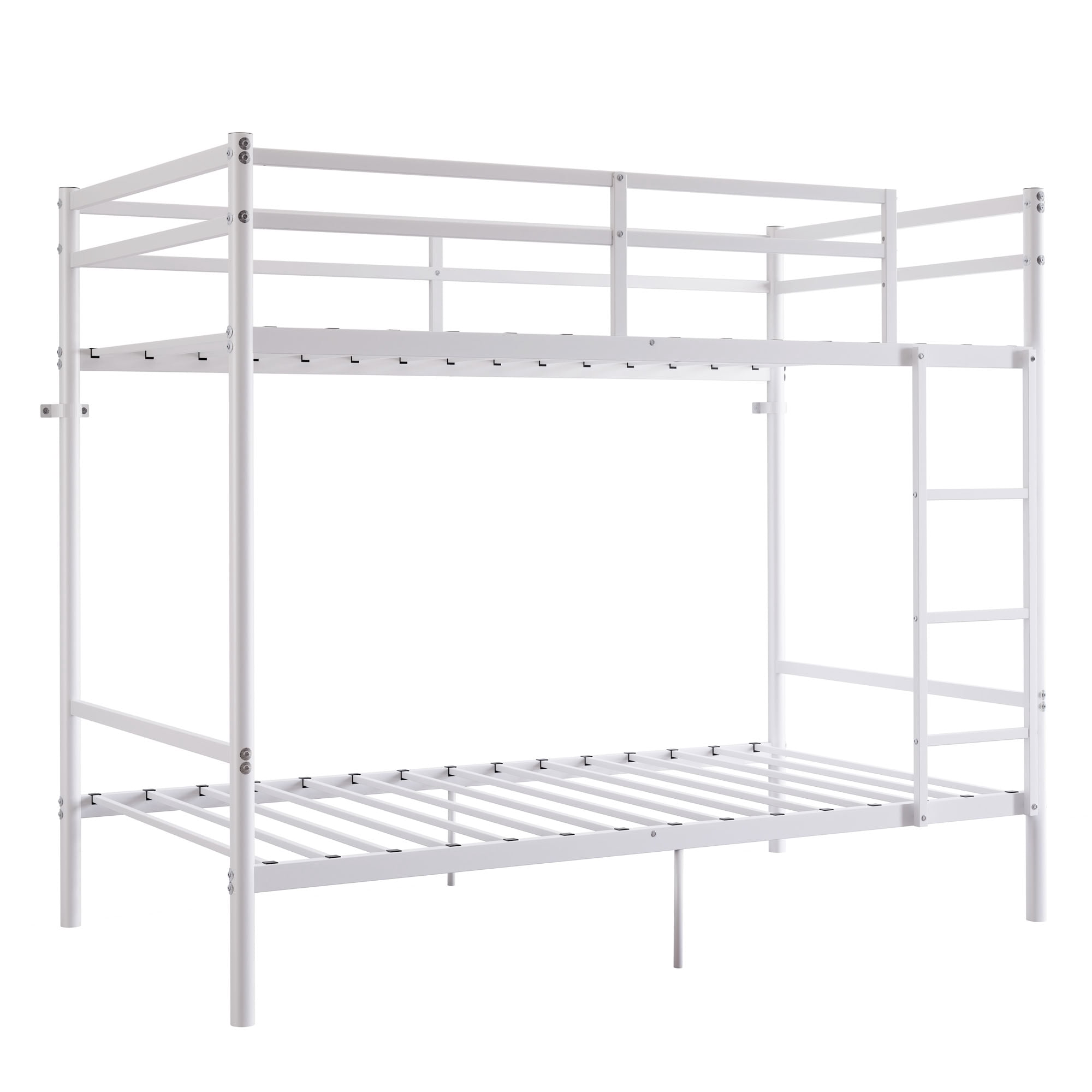 MAYEERTY Twin Over Twin Metal Bunk Bed with Ladder and High Guardrail, Space-Saving for Kids Teens Adults Bedroom Dorm, No Box Spring Needed