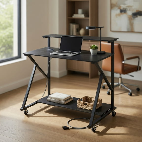Resenkos Rolling Computer Desk with Charging Station and Monitor Shelf, Mobile Storage Desk for Home, Office, Black
