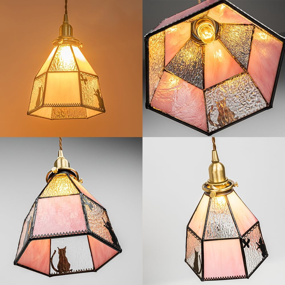 Kiven Plug in Pendant Light, Farmhouse Hanging Light Fixture with Remote and Stained Glass Lampsade, E26 Socket Dimmable Pendant Light for Bedroom Hallway Kitchen DZ0489
