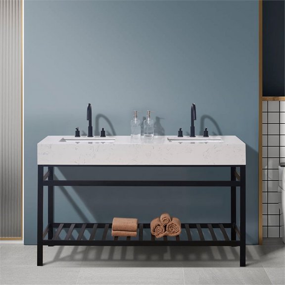 Merano 60" Double Stainless Steel Vanity Console in Matt Black with Aosta White Stone Countertop without Mirror