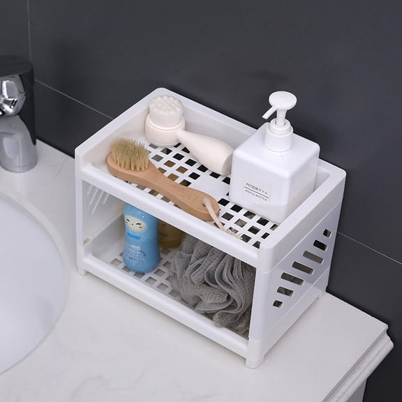 2 Tier Plastic Storage Shelf Organizer, Stackable Desktop Organizer Rack for Kitchen, Bathroom, Countertop and Cabinet Storage