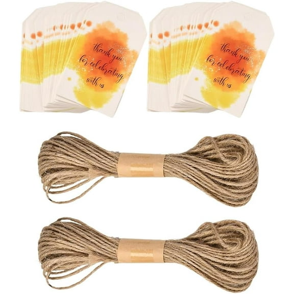 2 Bags 100Pcs Thank You for Celebrating with Us Paper Gift Tags Orange Thanksgiving Themed Hang Tags with Jute Twine for Wedding Decoration Presents Packaging 7x4x0.03cm Hole 5mm