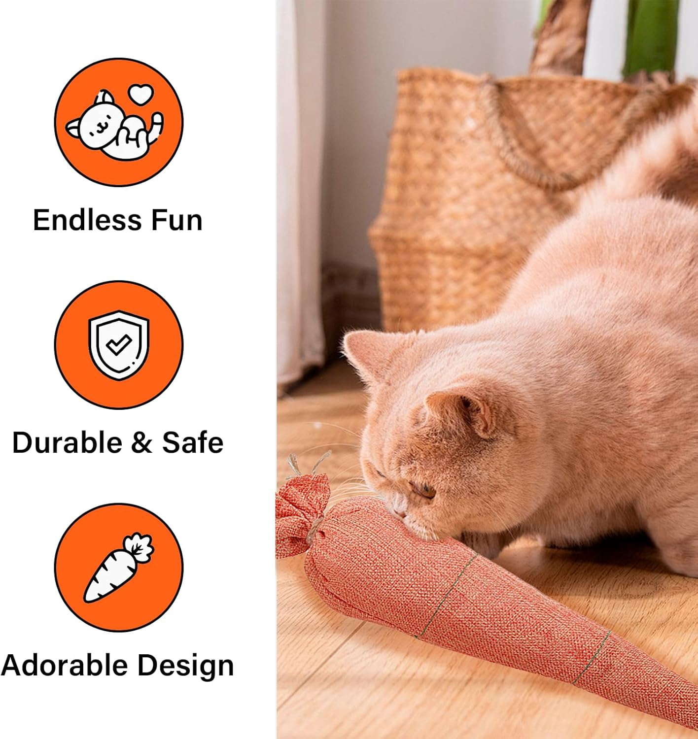 Mooipur Fun Carrot Catnip Toys for Indoor Cats to Keep Them Busy, Soft Linen, Interactive Cat Feather Toys for Kitten Kicking, Teething, Exercise, Catmint Toys for Cats All Breeds (3 PCS)
