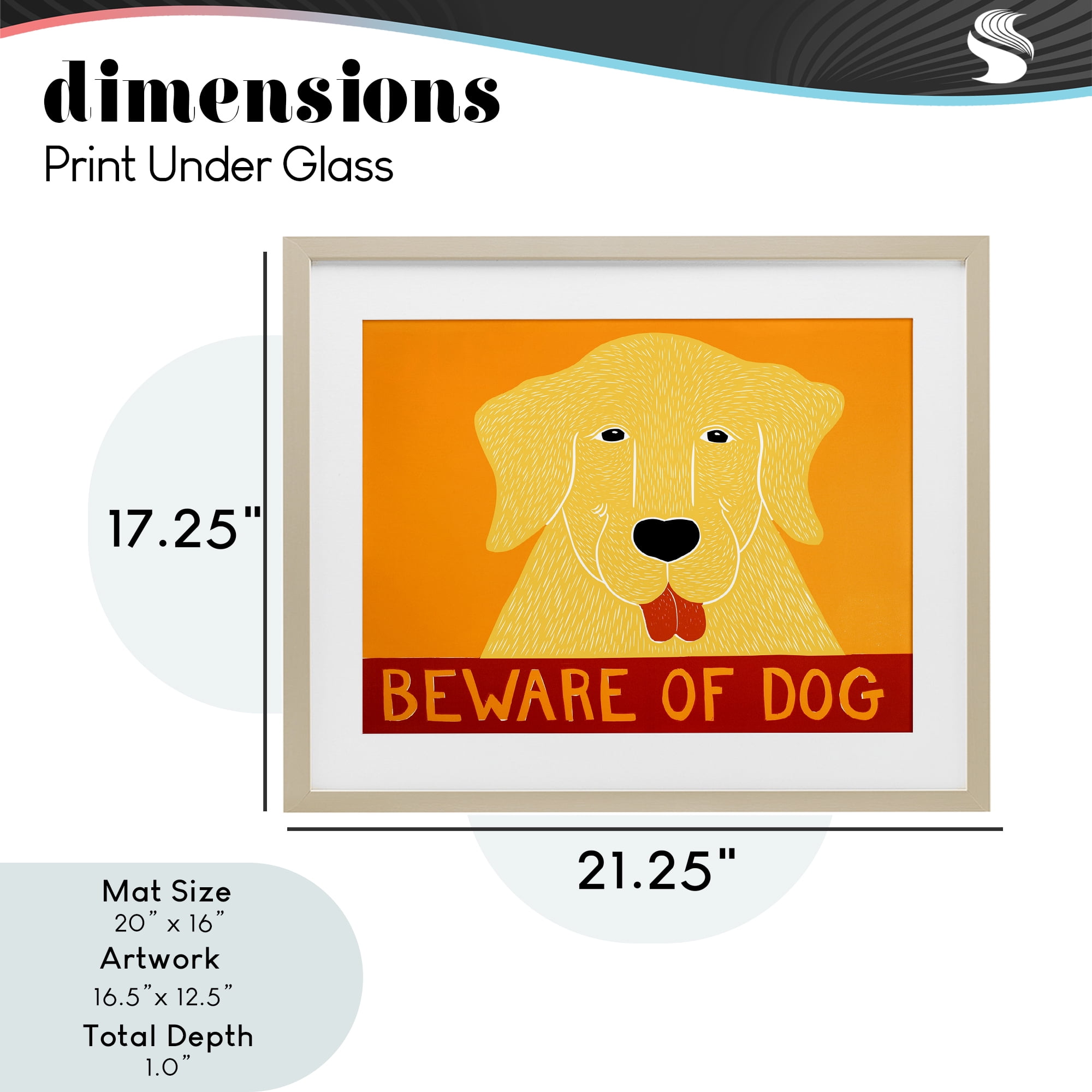 Beware Of Dog Yellow & Red Birch Framed Print Under Glass, design by Stephen Huneck