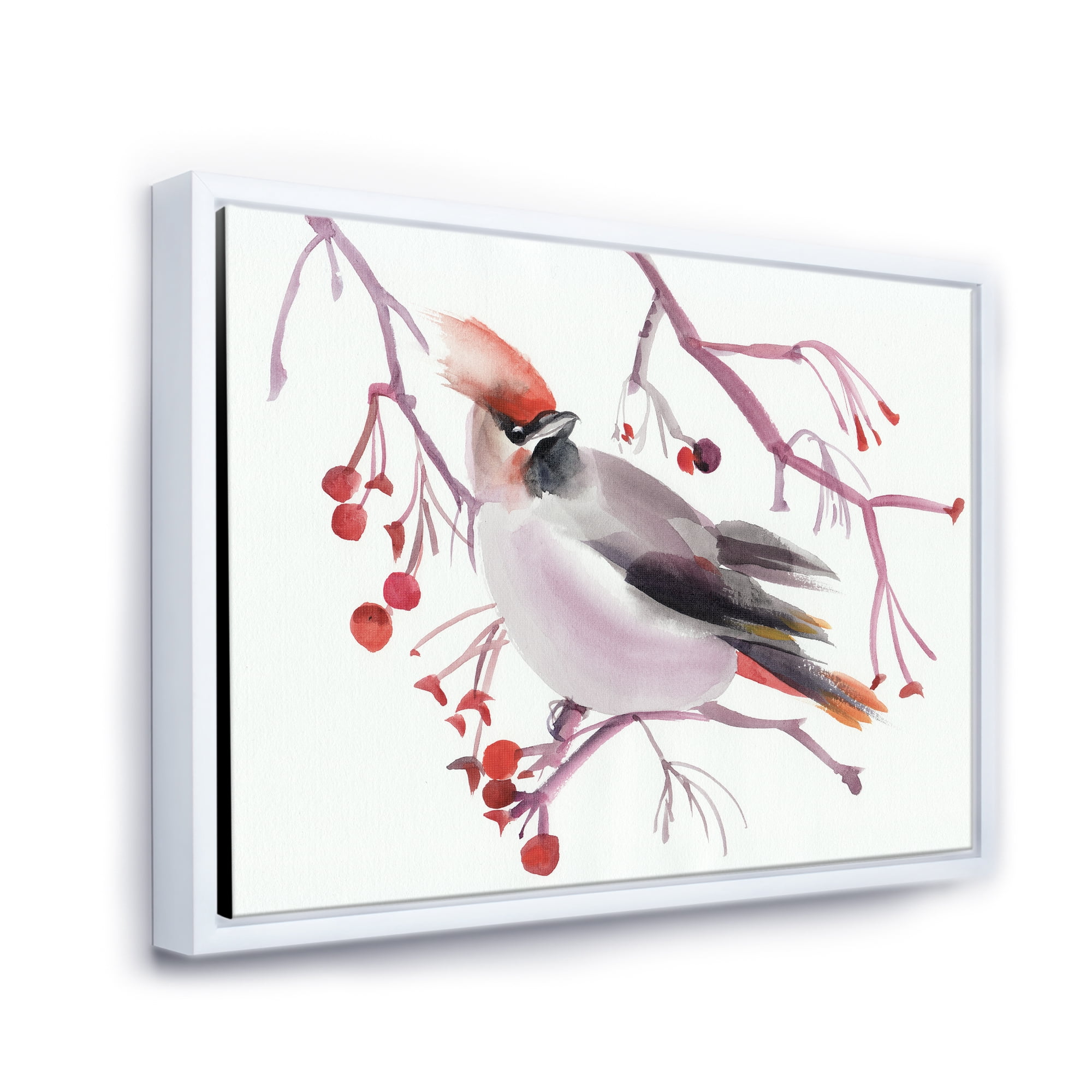 Designart 'Waxwing Bird Sitting On A Branch' Traditional Framed Canvas Wall Art Print