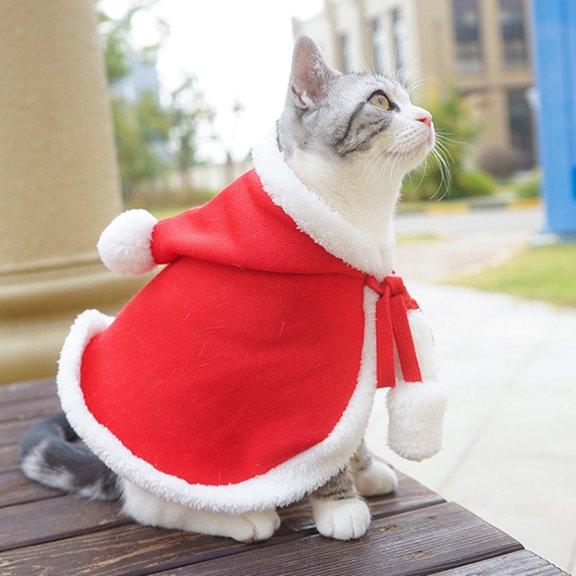 Happy Date Christmas Cat Dog Costume Pet Cape, Cat Cloak with Xmas Hat, Soft and Thick Red Velvet Apparel for Cats and Puppy