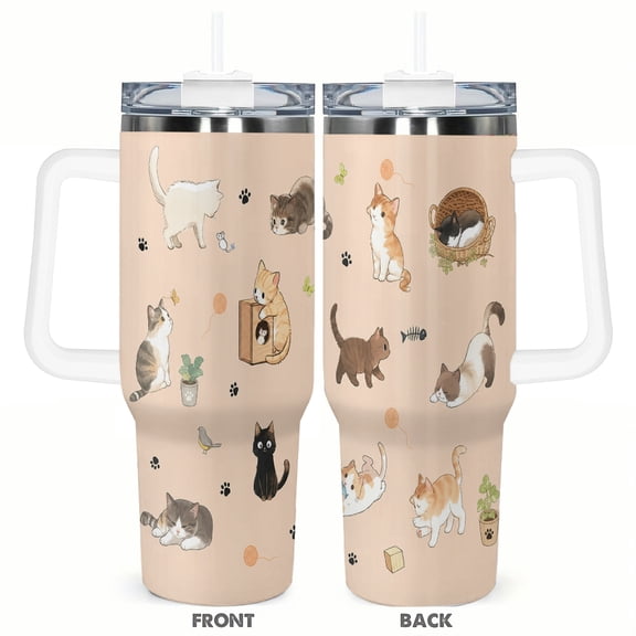 40oz Cute Cartoon Cat Car Tumbler Insulated Travel Cup with Handle and Straw Lid Cat Lover Gift