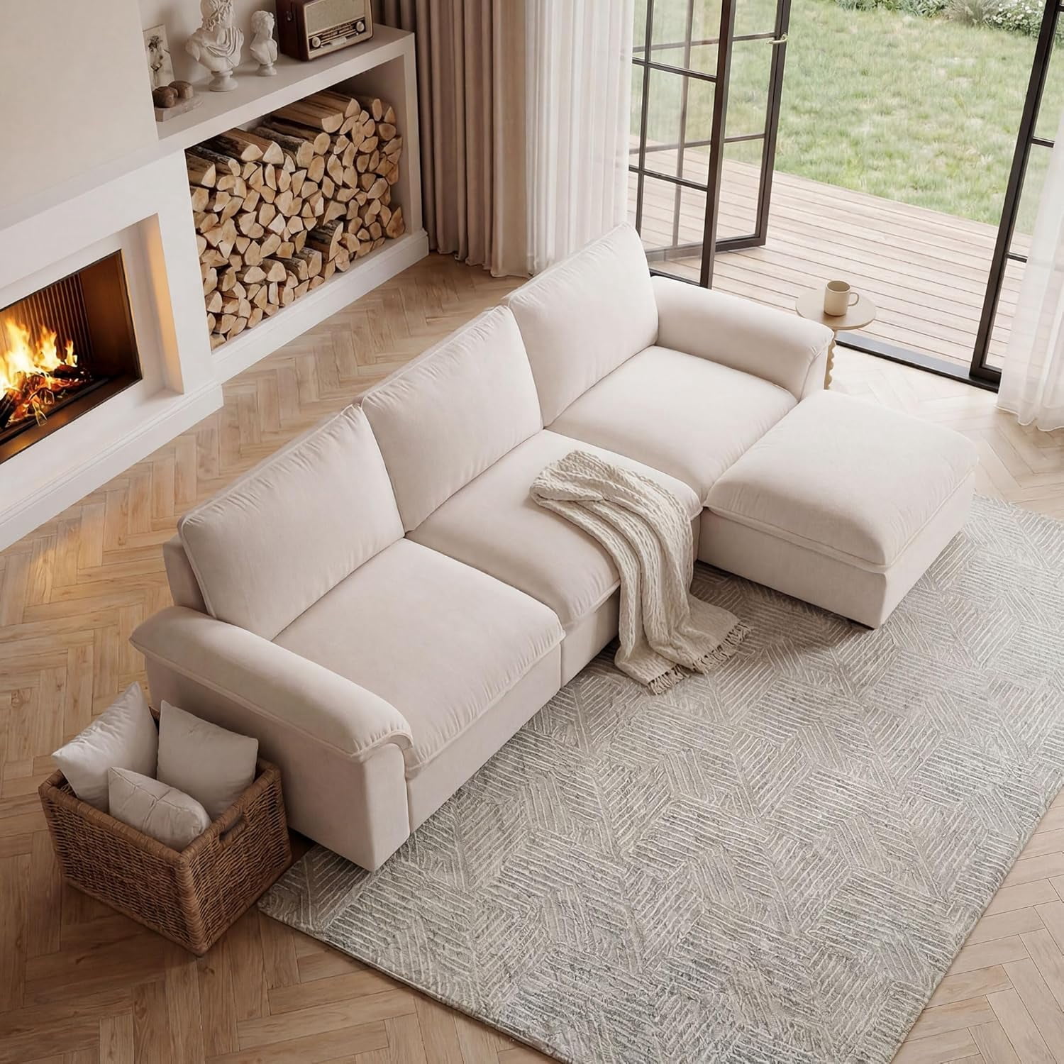 Carzzi-Life 102" Sofa Couch for Living Room, Modern Comfy Sofa with Extra Depth Seat and Ottoman, 3 Seater Chenille Couches for Living Room Apartment, Beige