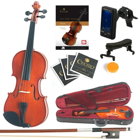 Mendini Full Size 4/4 MV200 Solid Wood Violin w/Tuner, Lesson Book, Shoulder Rest, Extra Strings, Bow, 2 Bridges & Case, Natural Varnish