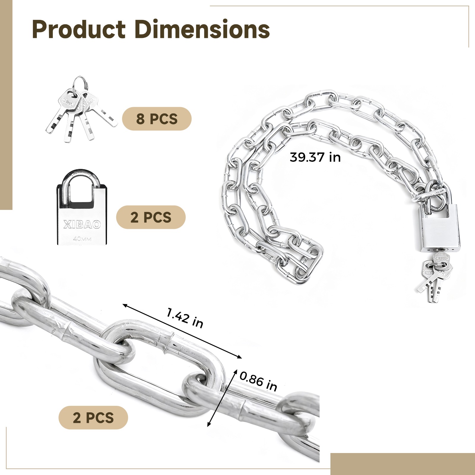 2 Sets Security Chain Lock, Heavy Duty Anti-Theft Lock with Anti-Cut Padlock, 3.3 ft / 1 m Galvanized Chain, 8 Keys, Motorcycle Lock, Bike Lock