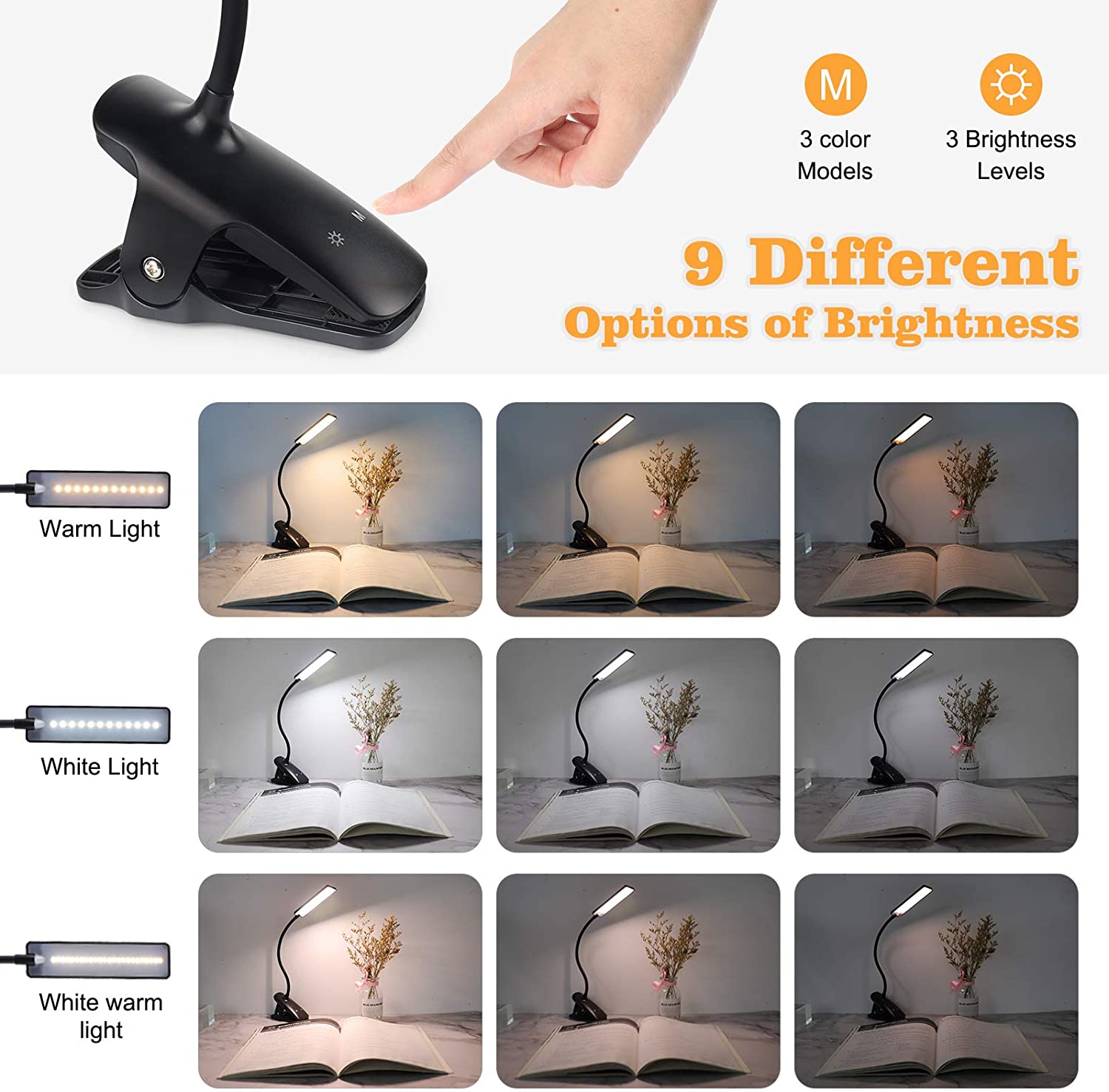 Esbaybulbs Led Book Light, Rechargeable Desk Lamp, 24 LED Clamp Reading Bedside Lamp, 3 Color Temperature and 3 Brightness, Flexible Clip Table Lamp (Black)