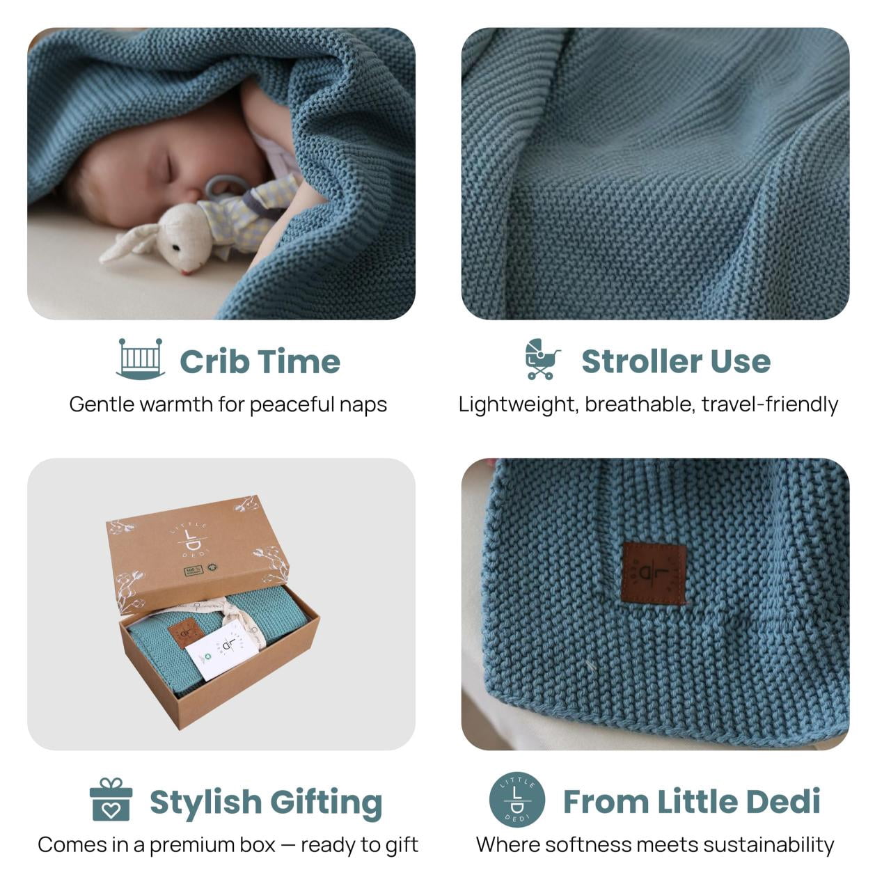 Little Dedi 100% Organic Cotton Baby Knitted Blanket with Gift Box - Soft Toddler, Crib, Stroller Blanket - Neutral Swaddle and Receiving Blanket for Newborns, 30"x40", Smoke Blue