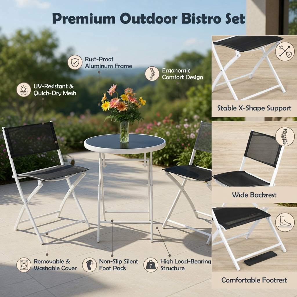 Hommoo 3-Piece Folding Outdoor Bistro Set, 2 Steel-Frame Chairs + Tempered Glass Coffee Table for Balcony, Patio & Deck, Black