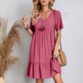 thumbnail image 4 of Womens V Neck Mini Dresses 2025 Summer Short Sleeve Casual A Line Flowy Pleated Ruffle Swing Shirt Dress, 4 of 8