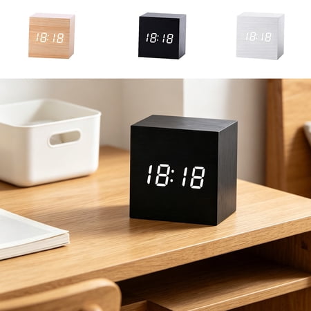 Ohmyroo Wooden Cube Digital Alarm Clock with Voice Activation, Time, Date and Temperature Display, 2.36-Inch