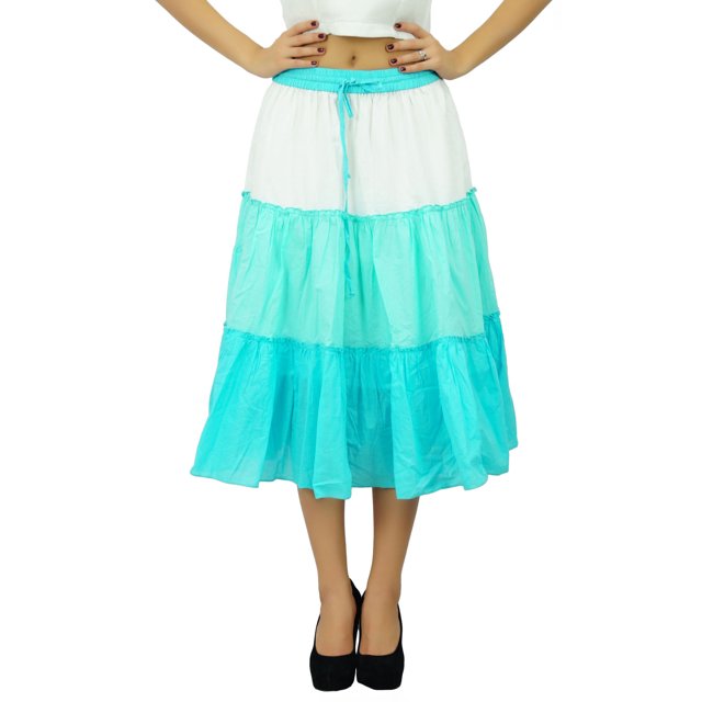 Bimba Flaired Cotton Boho Summer Skirt Elastic Waist Mid-Calf Ruffle Skirts