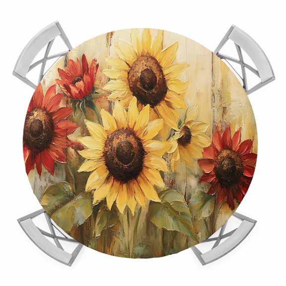 Spring Sunflower Round Tablecloth for 45-54 Inch Tables,Fitted Table Cover with Elastic Edge,Summer Oil Painting Floral Leaf Plant Waterproof Outdoor Table Cloth Protector for Patio Garden Dinner