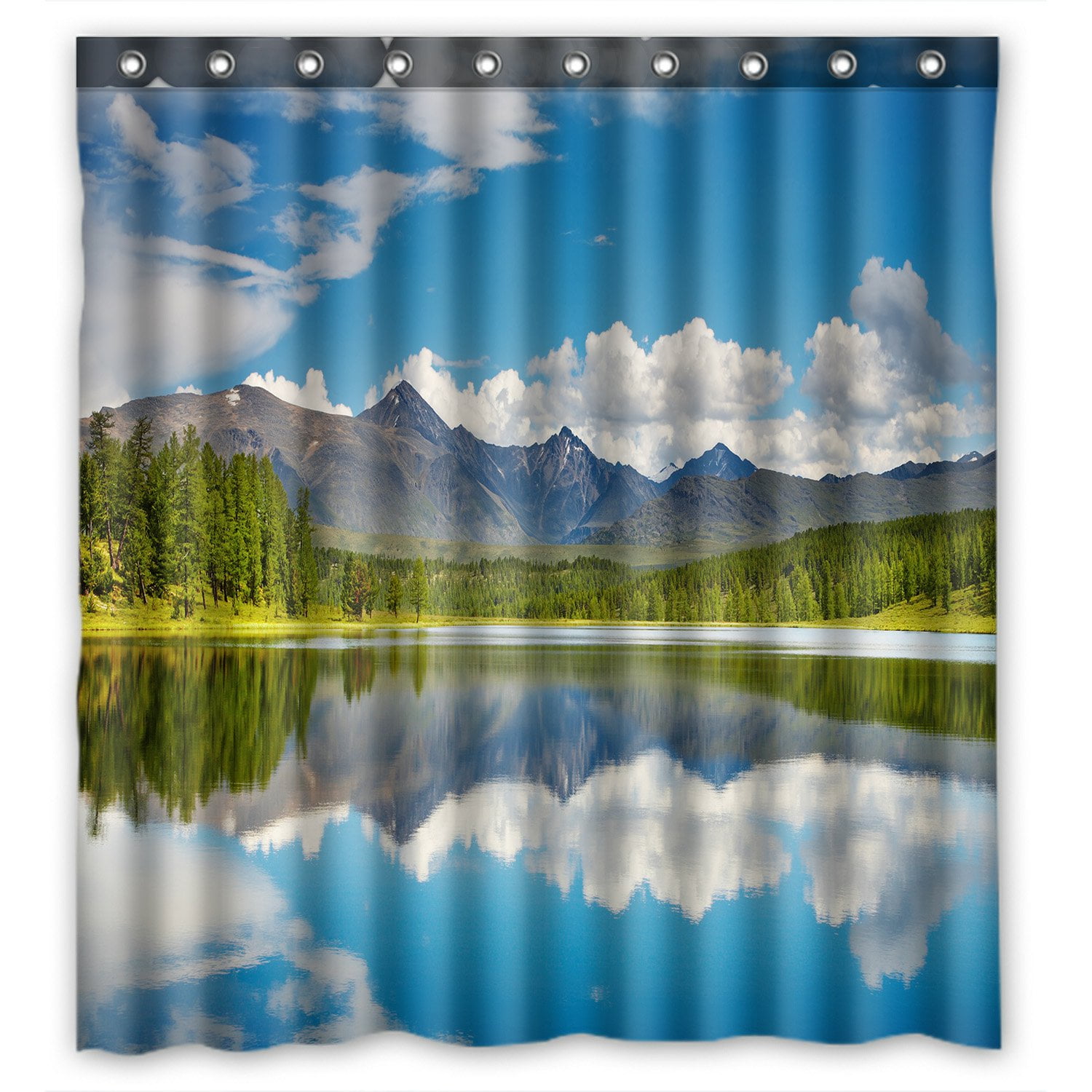 PHFZK Lake and Reflection Sky Cloud Shower Curtain, Altai Mountain Covered with Spring Woodland
