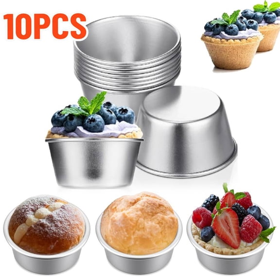 10 Pieces Round Cake Pans, Individual Flan Molds Egg Tart Molds Pudding Cups Mini Chocolate Molten Pans Carbon Steel Cupcake Cake Cookie, Round Nonstick Popover Bakeware Tumblers