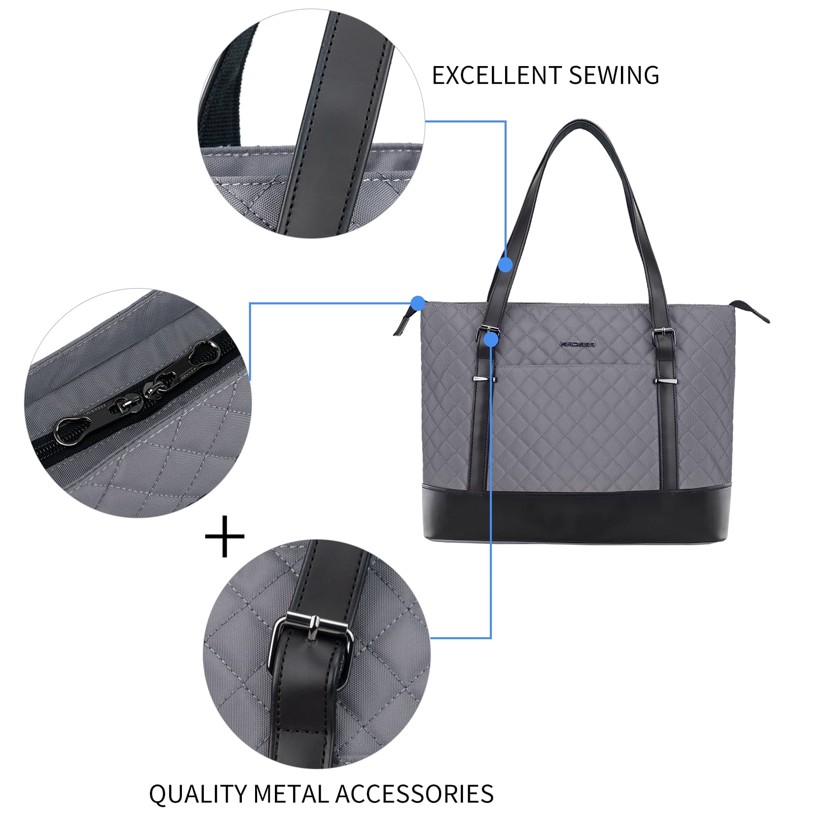 KROSER 15.6-Inch Laptop Tote Bag Polyester Quilt Gray