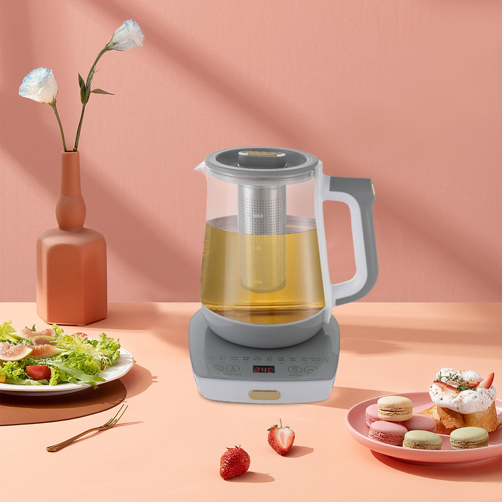 Electric Glass Tea Kettle with 12 Presets, 800W Gooseneck Kettle with Digital Temperature Control (104-194°F), 1.8L Cordless & Keep Warm
