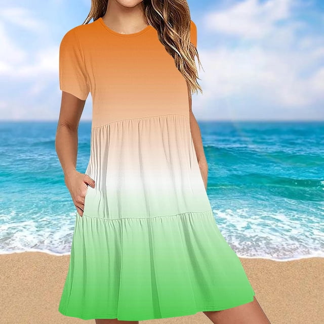 LOVZFMLL Robe T-Shirt d'Été Décontractée à Manches Courtes pour Femme, Mini-Robe à Étages avec Poches, Orange, m