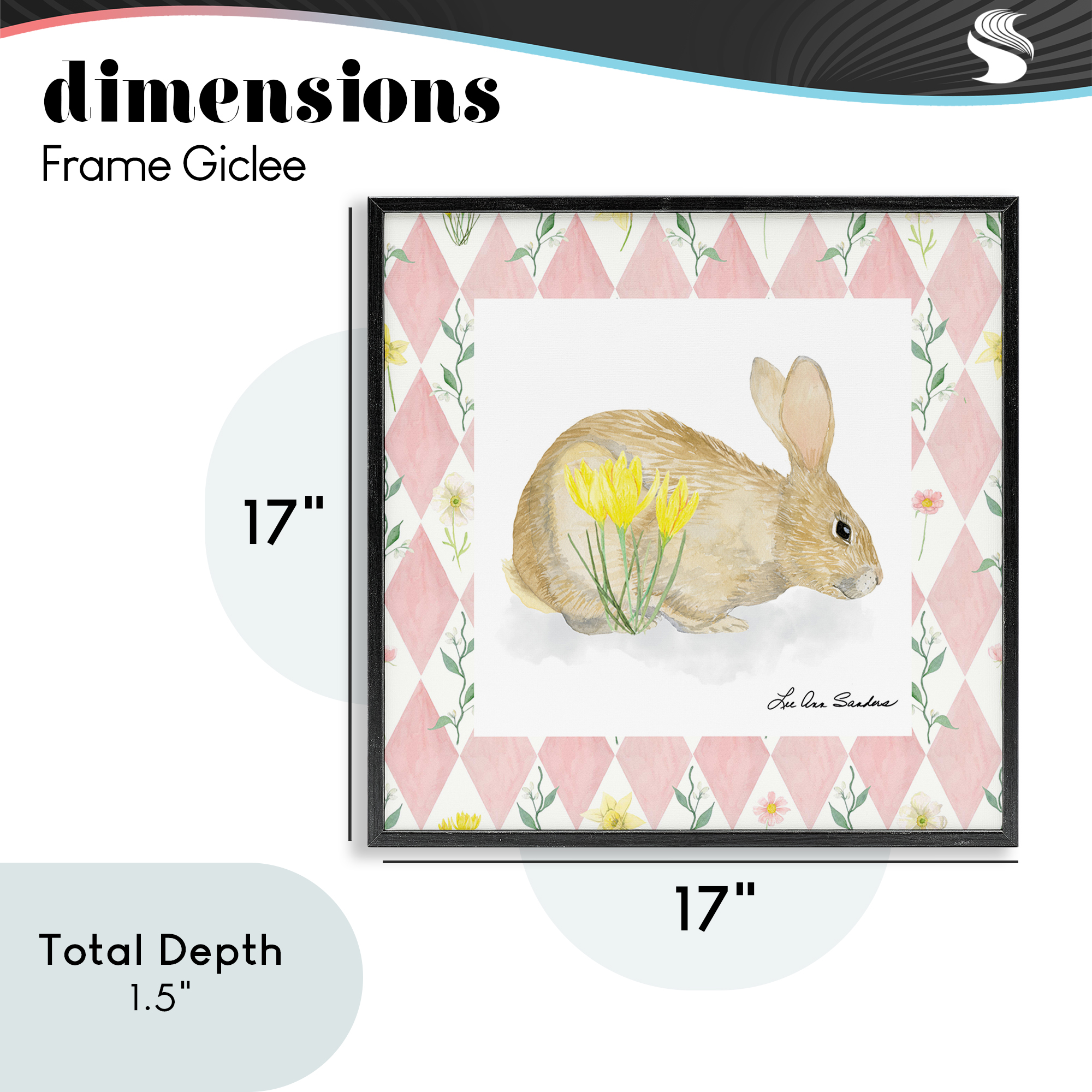 Buttercup Bunny on Pink Argyle Black Framed Giclee Art, design by Lee Ann Sanders