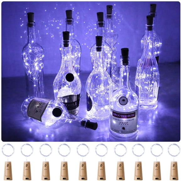 Cadena de luces Aluan para botellas de vino, paquete de 10 unidades, 20 LED, color blanco frío