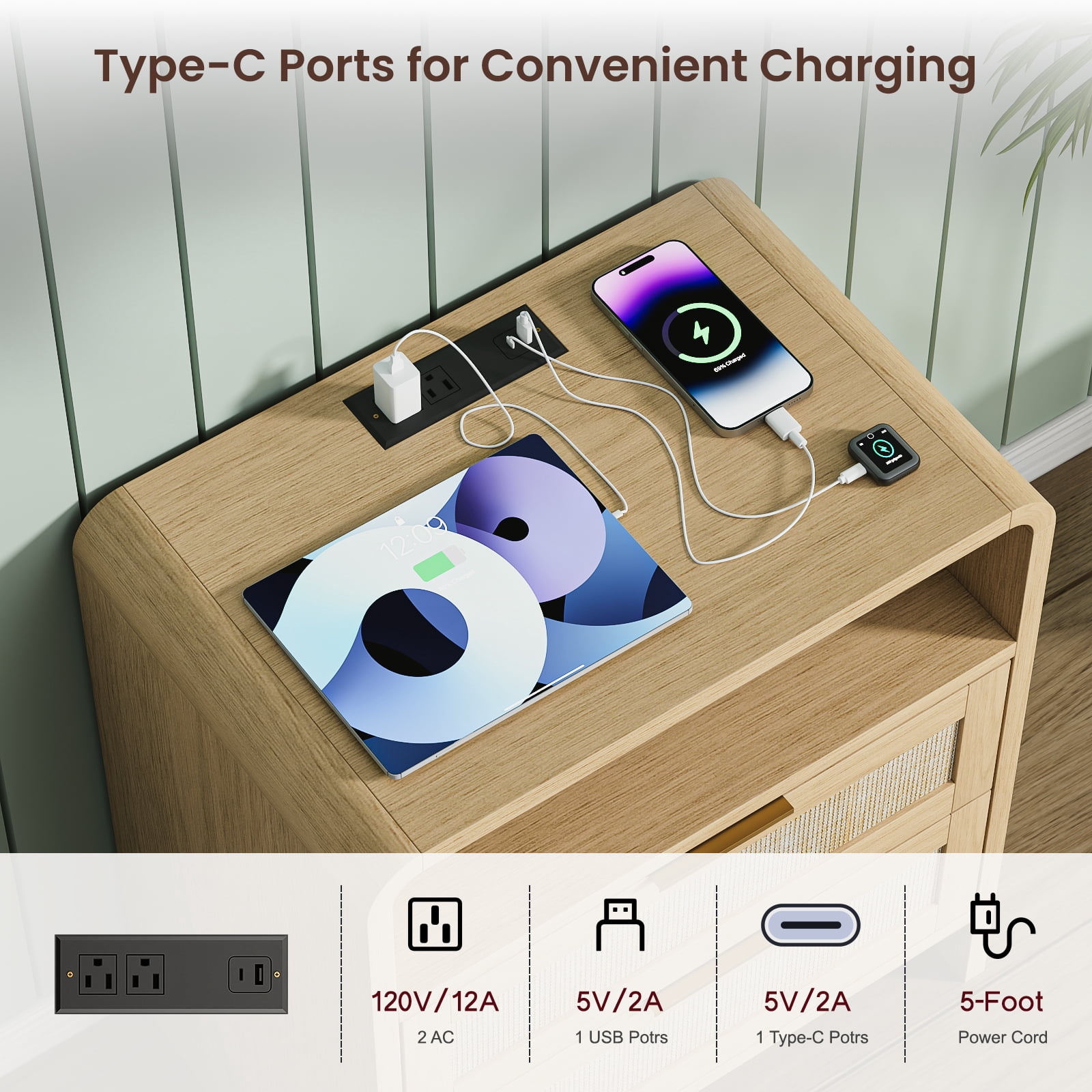 Nightstand Sets, Bedside Table Sets, Rattan Nightstand with Integrated Power Outlet, 2 Drawers, Open Shelf, Curved Design, Set of 2 Matching Bedside Tables for Bedroom, Natural Oak