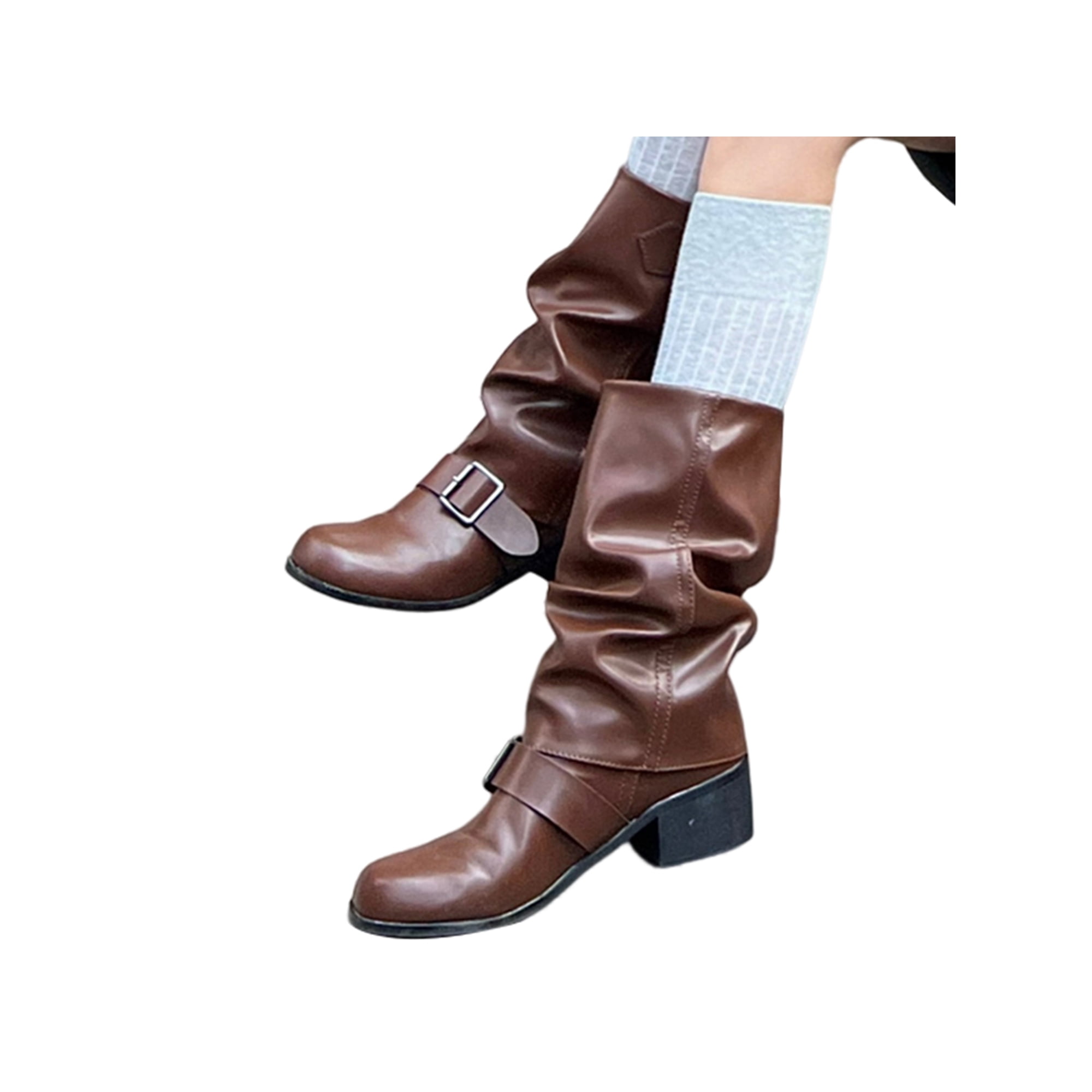 UKAP Ladies Winter Shoes Mid Calf Riding Boots Buckle Strap Slouch Boot Motorcycle Faux Leather Dark Brown 5.5 Walmart