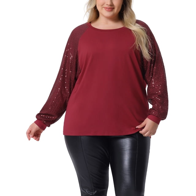 Blusas de lentejuelas brillantes de tama?o grande GRACE & GRANDEUR para mujeres, camisetas de fiesta de manga larga, 3X burdeos