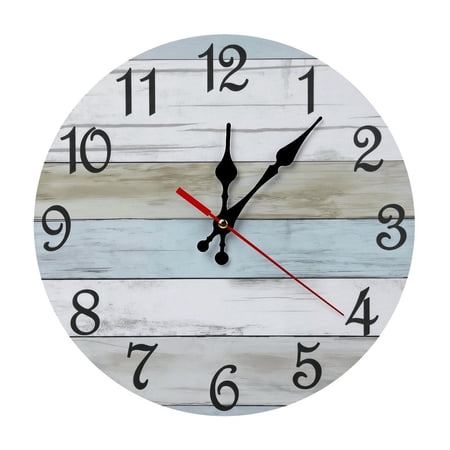 Rustic Farmhouse Distressed Wood Wall Clock, 12 Inch Silent Non-Ticking Coastal Blue White Wooden Decorative Clock for Living Room, Kitchen, Bedroom, Beach House