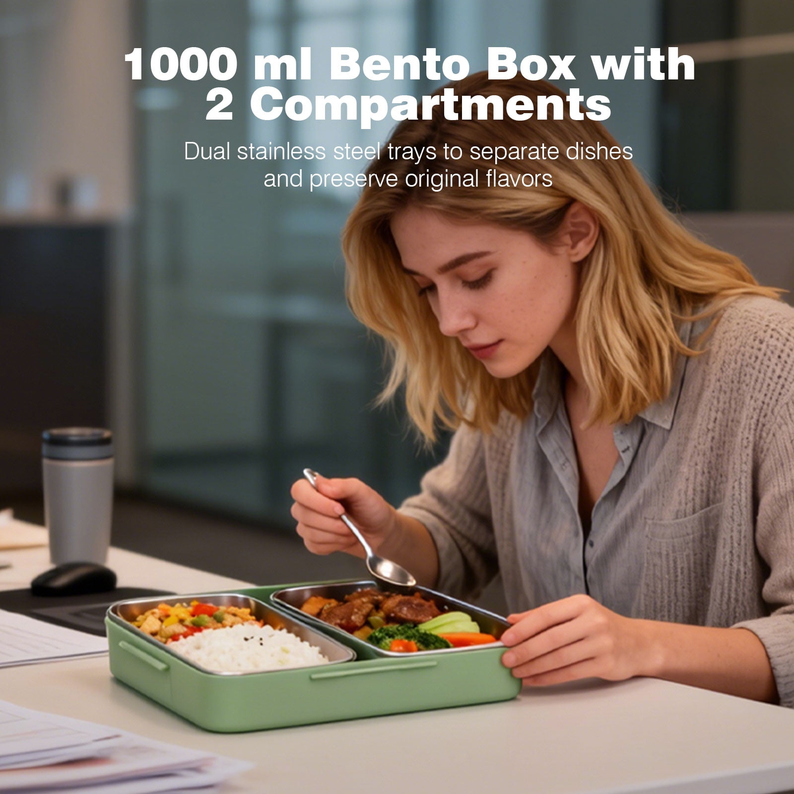 Bento Box Set 1000ml, Leakproof Lunch Container with 2 Stainless Steel Compartments, Microwave-Safe Food Container with Spoon Chopsticks Small Plastic Box for Work Picnic Meal Prep