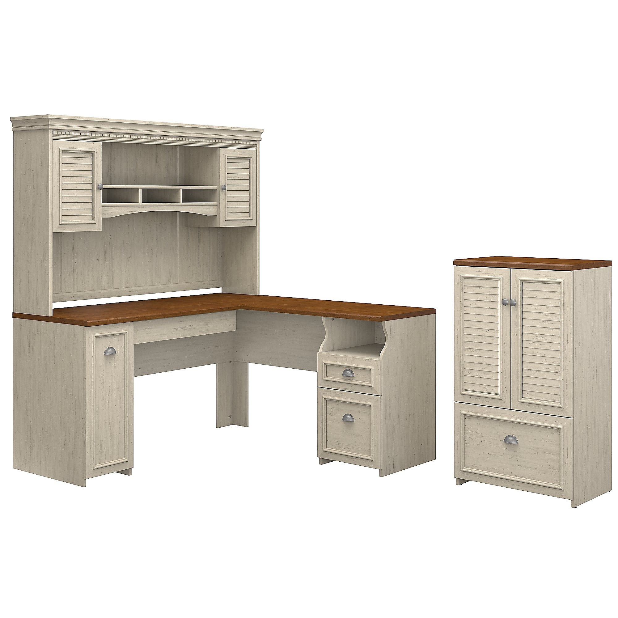 Bush Furniture L Shaped Desk w/Hutch and Storage w/Drawer White