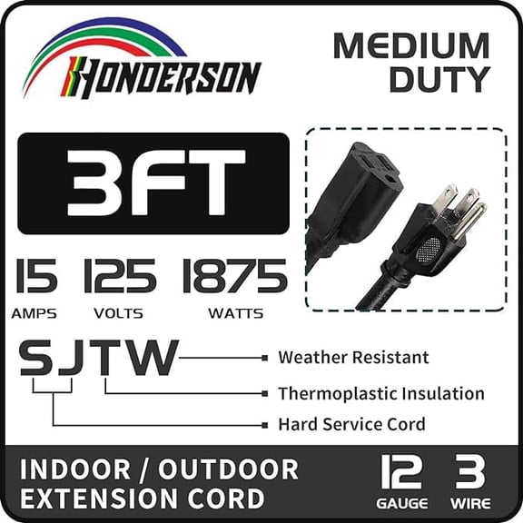 OTGFRF-Extension Cord Weatherproof, UL Listed, 12 Gauge 3FT Black 3 Prong Heavy Duty, 12/3 SJTW 15A Power Cord for Lights, Appliances, Lawn