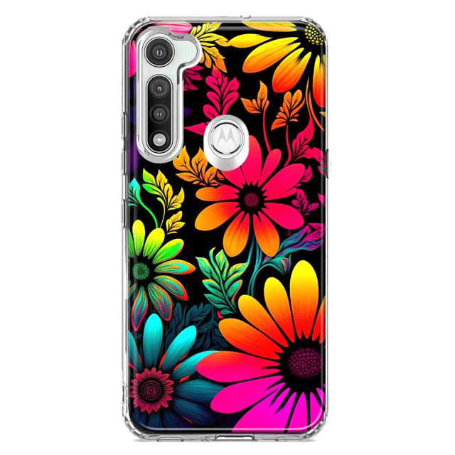 MUNDAZE Motorola Moto G Fast Shockproof Clear Hybrid Protective Phone Case Neon Rainbow Glow Colorful Abstract Flowers Floral Cover