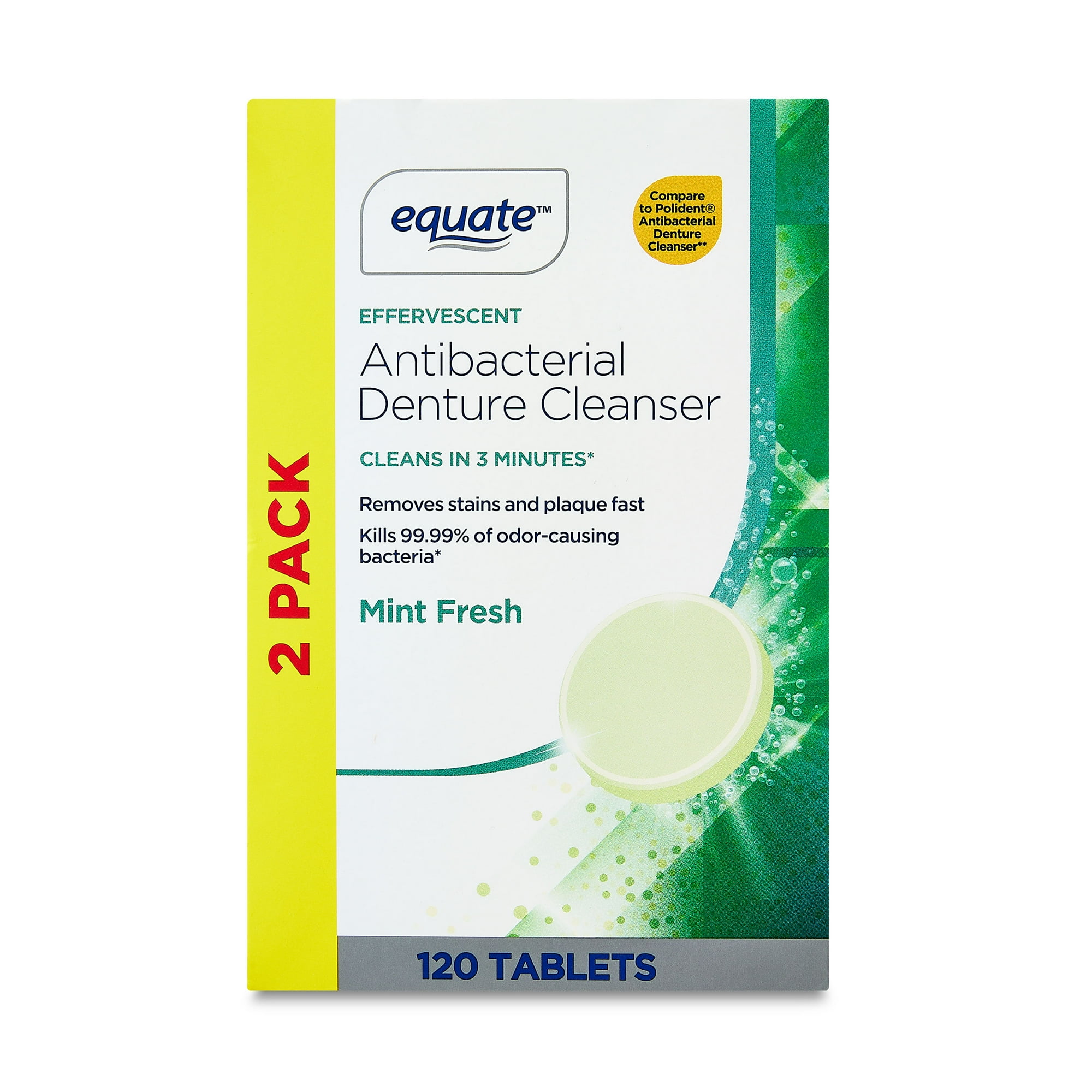 Equate Effervescent Antibacterial Denture Cleanser Tablets, Mint Fresh, 120 Count, 2 Pack