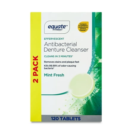 Equate Effervescent Antibacterial Denture Cleanser Tablets, Mint Fresh, 120 Count, 2 Pack