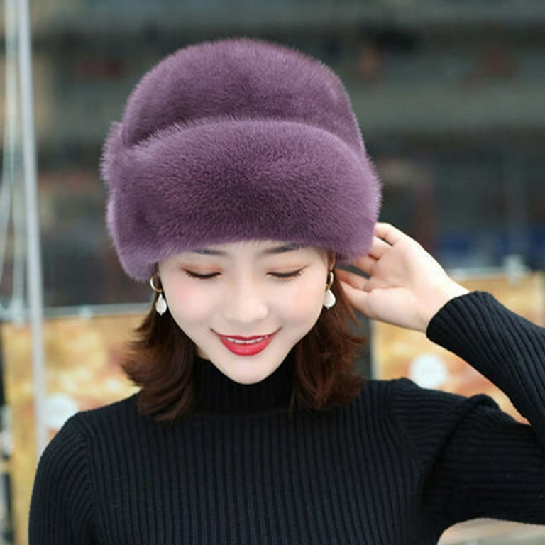 GROFRY Winter Hat Russian Faux Rabbit Fur Flower Decor Thickened Luxury  Keep Warm Solid Color Autumn Winter Thermal Middle-aged Women Cap for  Outdoor