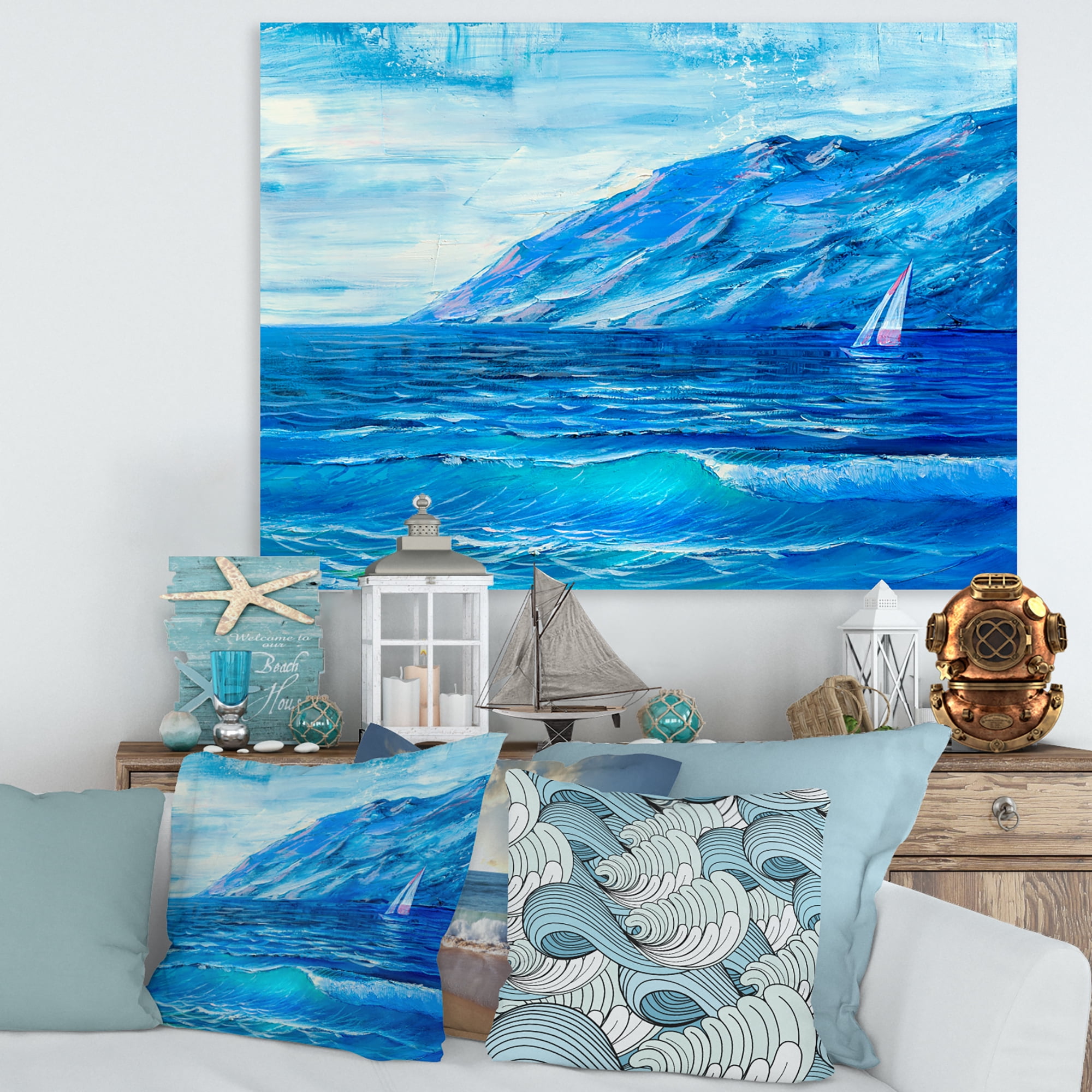 Designart ' Sunrise Glow On The Sea Waves II ' Nautical & Coastal Canvas Wall Art Print
