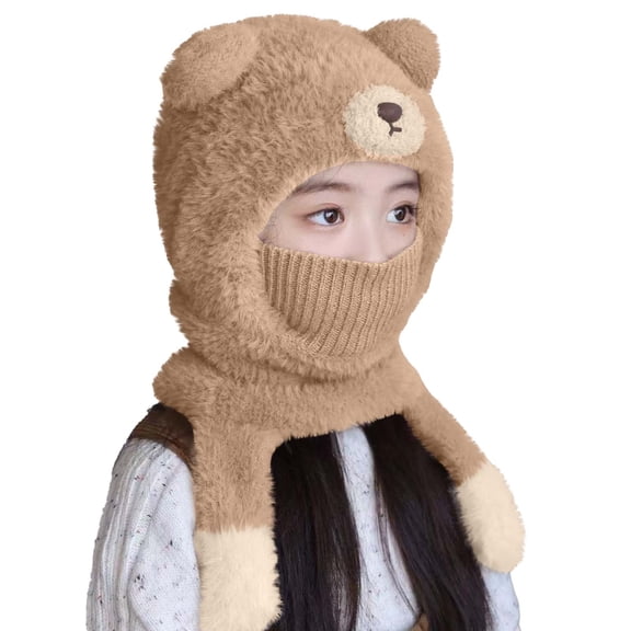 Lorytime Winter Hat with Scarf Attached Kids Bear Ears Cap with Ear Flaps Thermal Scarf Windproof Hat 3-6 Years